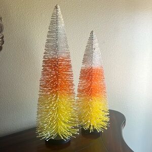 NEW Rare Set Of 2 Holiday Home Candy Corn Bottlebrush Trees Glitter Halloween